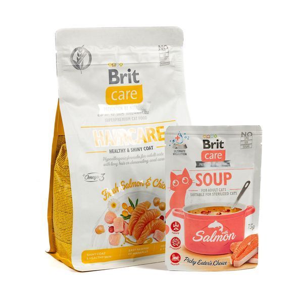 НАБІР Корм сухий Brit Care GF Haircare Healthy and Shiny Coat д/котів д/догляду за шерстю лосось і курка 400 г + суп 75 г 1111186544 фото
