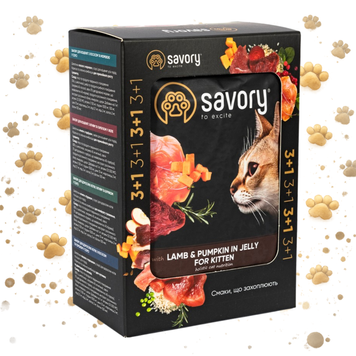 Набір паучів 3+1 Savory Kitten Lamb and Pumpkin in Jelly для кошенят шматки в желе з ягням та гарбузом 4х85 г 1111177881 фото