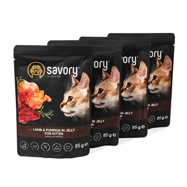 Набір паучів 3+1 Savory Kitten Lamb and Pumpkin in Jelly для кошенят шматки в желе з ягням та гарбузом 4х85 г 1111177881 фото