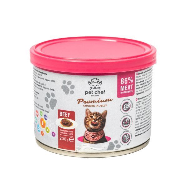 Вологий корм для котів Pet Chef шматочки в желе з яловичиною 200 г 1111189113 фото