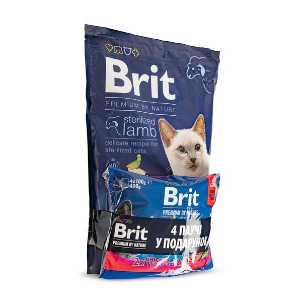 НАБІР Корм сухий Brit Premium Sterilized Lamb д/стерилізованих котів ягня 1,5 кг + 4 паучі М ясна тарілка 1111186558 фото