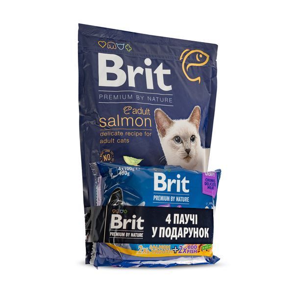 НАБІР Корм сухий Brit Premium Adult Salmon Sterilized д/котів лосось 1,5 кг + 4 паучі рибна тарілка 1111186560 фото
