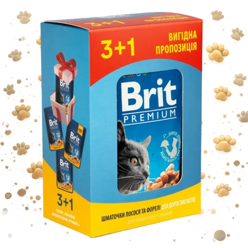 Набір паучів 3+1 Brit Premium Cat Beef Salmon and Trout для котів шматочки в соусі з лососем і фореллю 4х100 г 1111176657 фото