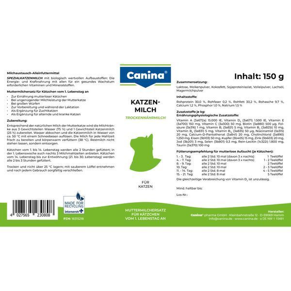 Замінник молока Canina Katzenmilch для кошенят сухе молоко 150 г 1111112176 фото